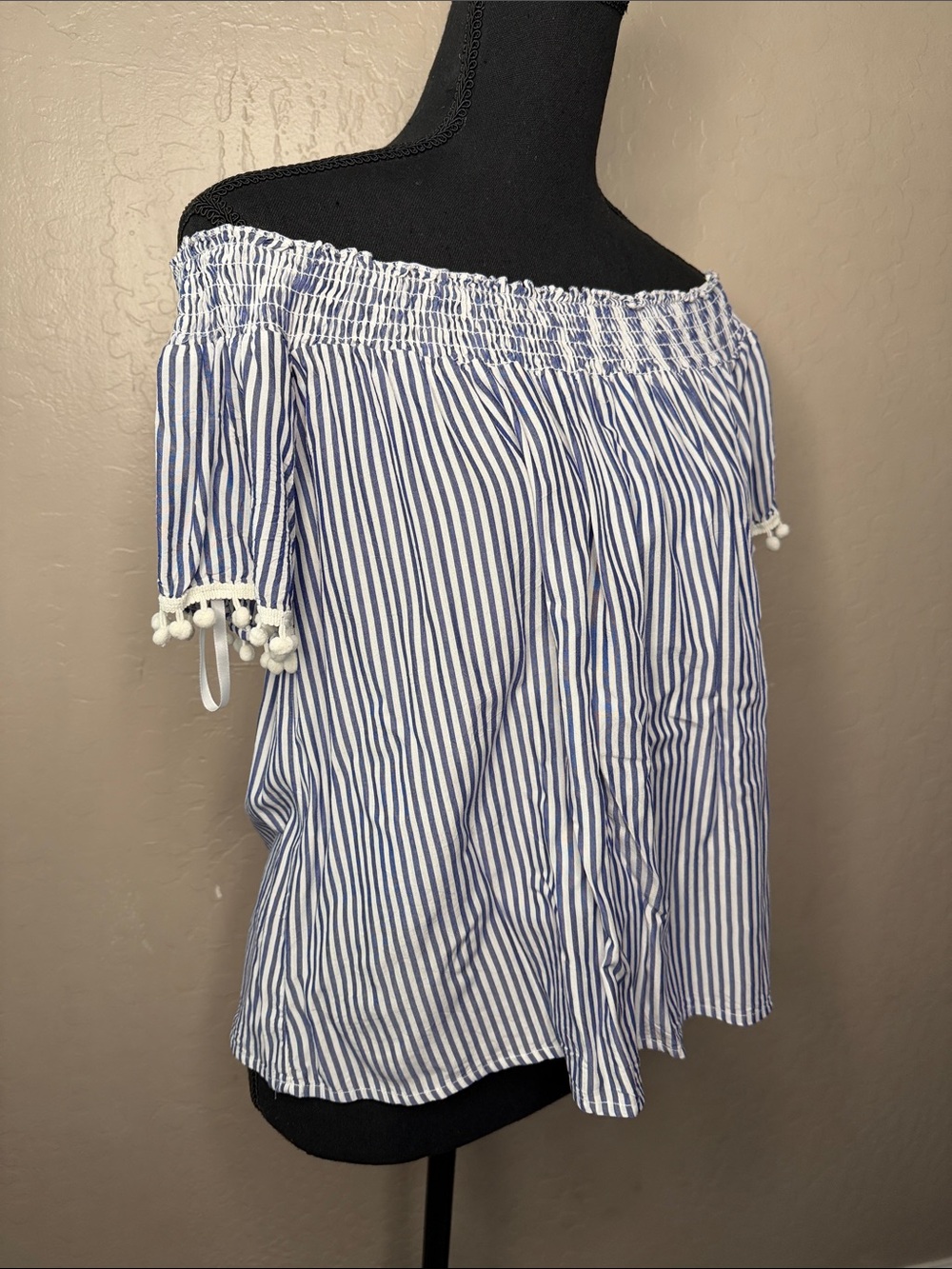 Off-Shoulder Blue & White Striped Women's Top - Picture 1 of 5